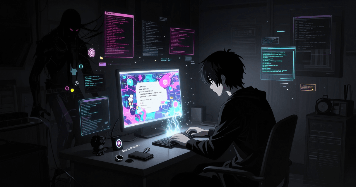 Anime key visual, a confident young hacker-coder in the foreground, three-quarter
view, hoodie with subtle circuit-pattern trim, fingerprint of neon reflected in
their glasses, faint smirk, sharp cel-shaded lineart, vibrant rim lighting.
Behind them: a dim "vibecoding" battlestation — floating holographic code panels,
cascading green-and-cyan terminal text, multiple glowing monitors, scrolling
matrix glyphs, RGB keyboard glow, tangled fiber-optic cables, city lights through
a rain-streaked window. Cyberpunk neon palette (electric blue, magenta, acid
green), volumetric haze, bokeh, lo-fi synthwave mood, dramatic depth of field
with the character crisp and the background softly blurred. Highly detailed,
studio anime production quality, 16:9 cinematic composition.