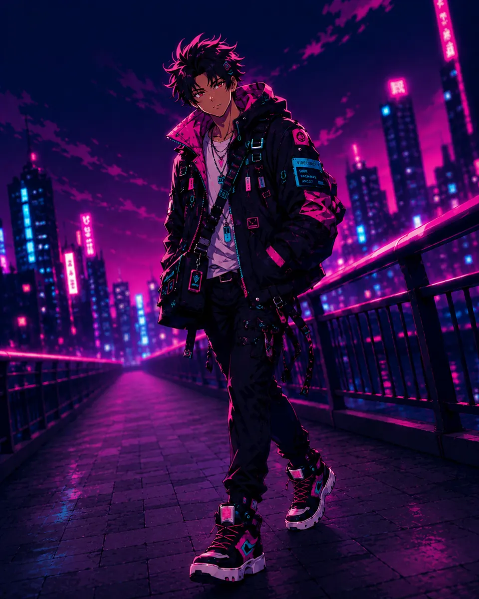Stylized SYMBaiEX portrait in a neon city scene